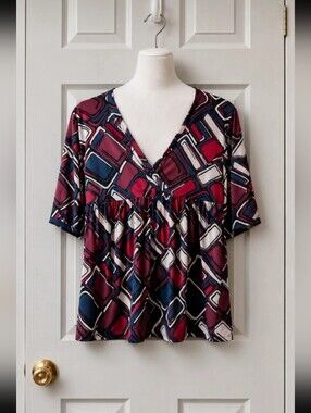 Axcess Liz Claiborne Women’s Abstract Geometric Print Y2K Babydoll Top Size Larg